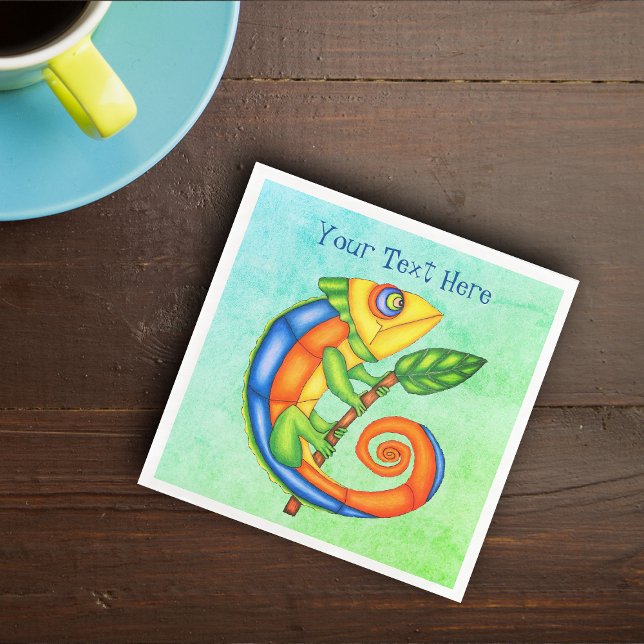 Vibrant Fantasy Smiling Lizard Leaf Blue Green Napkin (Smiling lizard vibrant colours holding leave on blue green mixed paper party napkins.)
