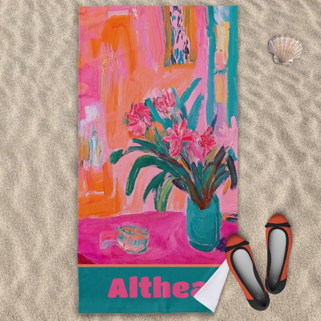 Vibrant Fauvist Vase of Pink Flowers Beach Towel (Creator Uploaded)