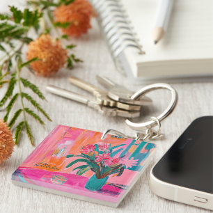 Vibrant Fauvist Vase of Pink Flowers Key Ring