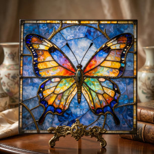 Vibrant Faux Stained Glass Butterfly Mosaic Art Ceramic Tile