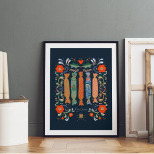 Vibrant Festive Christmas Art with gift and flower Poster
