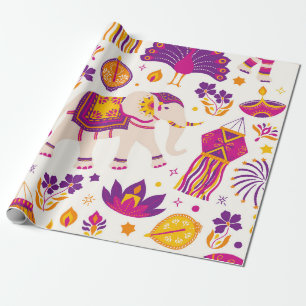 Vibrant Festive Diwali Elephant and Peacock Wrapping Paper