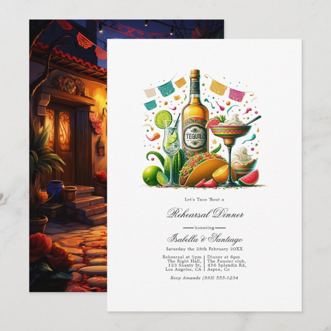 Vibrant Fiesta Let's Taco 'bout a Rehearsal Dinner Invitation (Front/Back)