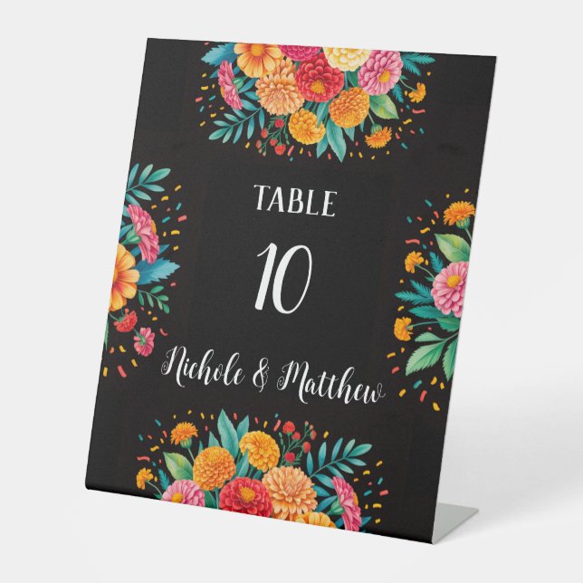 Vibrant Fiesta Wedding Bouquet Table Number Pedestal Sign (Front)