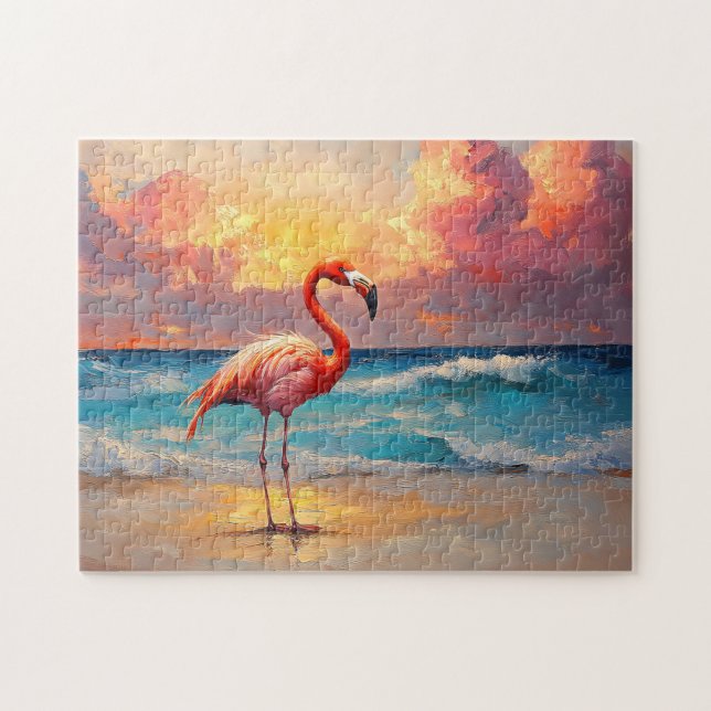 Vibrant Flamingo on the Beach Jigsaw Puzzle (Horizontal)