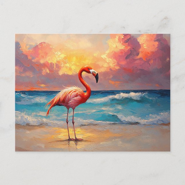 Vibrant Flamingo on the Beach Postcard (Front)