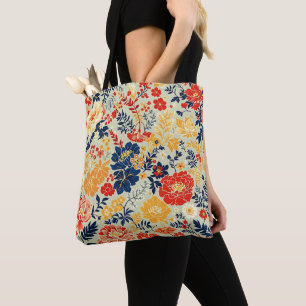Vibrant flora red, yellow and blue on white tote bag