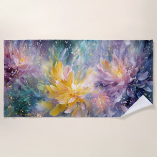 Vibrant Floral Abstract Painting with Explosion Beach Towel