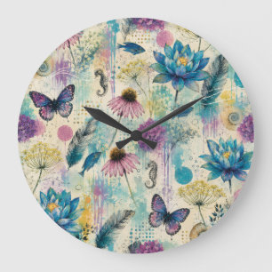 Vibrant Floral Aquatic Dream Large Clock