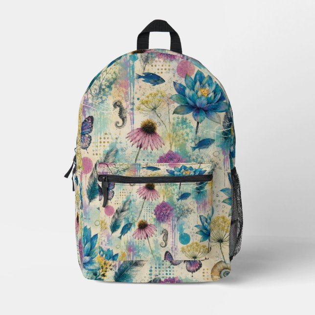 Vibrant Floral Aquatic Dream Printed Backpack (Front)