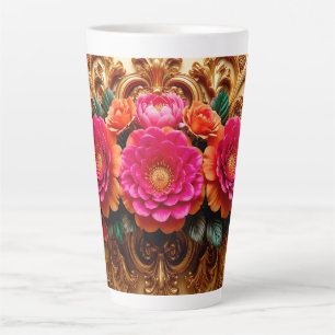 Vibrant Floral Arrangement With Ornate Gold Detail Latte Mug
