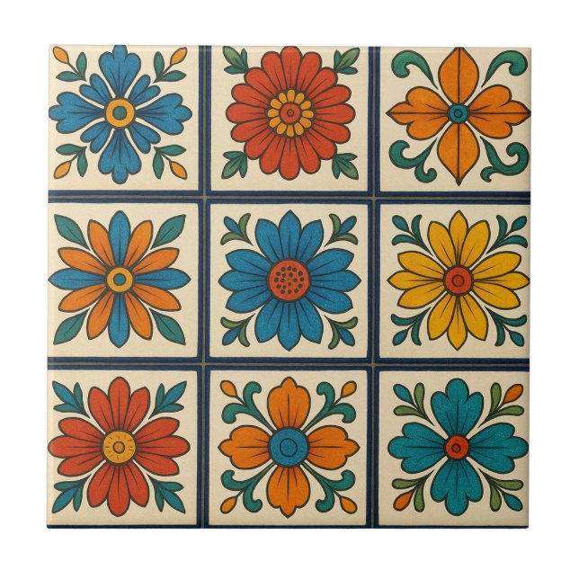 Vibrant Floral Blooms Ceramic Tile (Front)