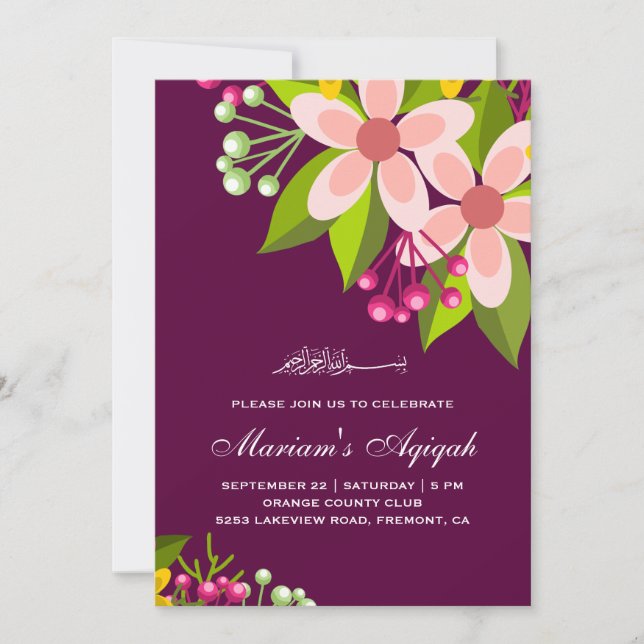 Vibrant Floral Bouquet Baby Girl Aqiqah Invitation (Front)