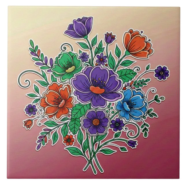 Vibrant Floral Bouquet Illustration Ceramic Tile (Front)