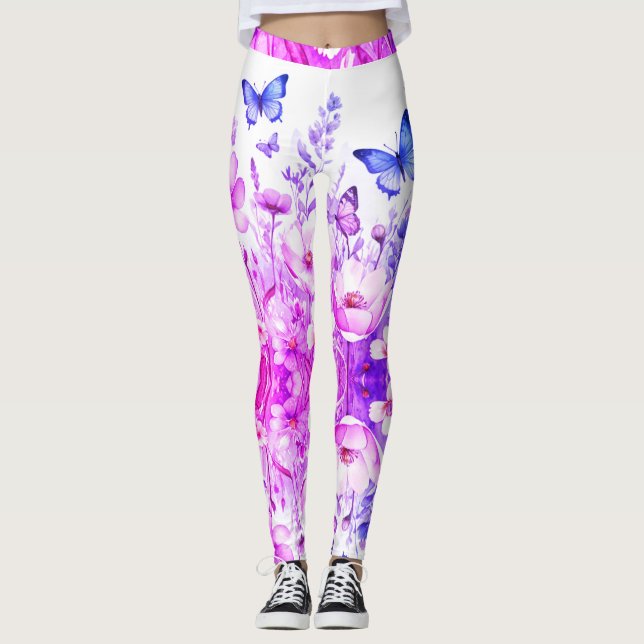 Vibrant Floral & Butterfly Bright Pink-Purple Leggings (Front)