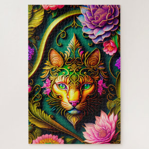 Vibrant Floral Cat Jigsaw Puzzle