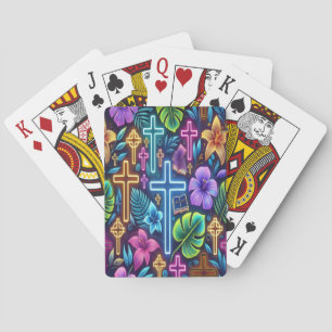Vibrant Floral Design Featuring Glowing Crosses b Playing Cards