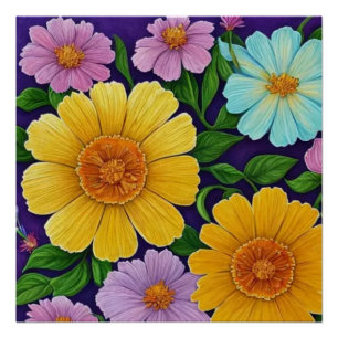  Vibrant Floral Design on Purple Background Poster