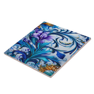 Vibrant Floral Design With Blue and Purple Accents Ceramic Tile
