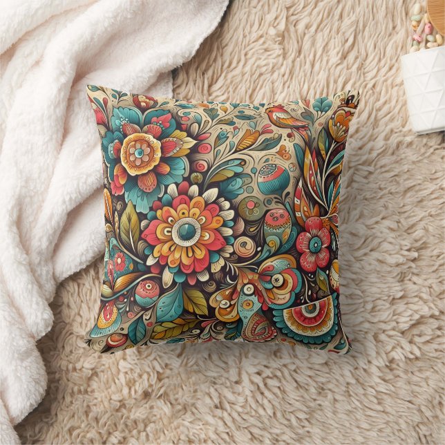 Vibrant floral design with intricate patterns cushion (Blanket)