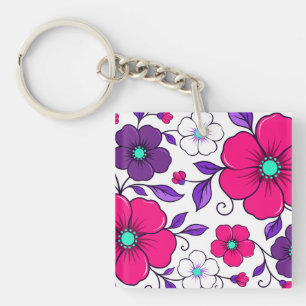 Vibrant Floral Design with Pink & Purple Blossoms Key Ring