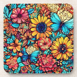 Vibrant Floral Doodle Explosion Coaster