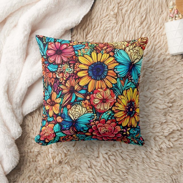 Vibrant Floral Doodle Explosion Cushion (Blanket)
