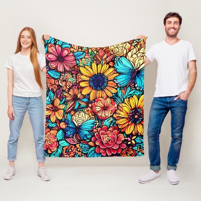 Vibrant Floral Doodle Explosion Fleece Blanket (In Situ)