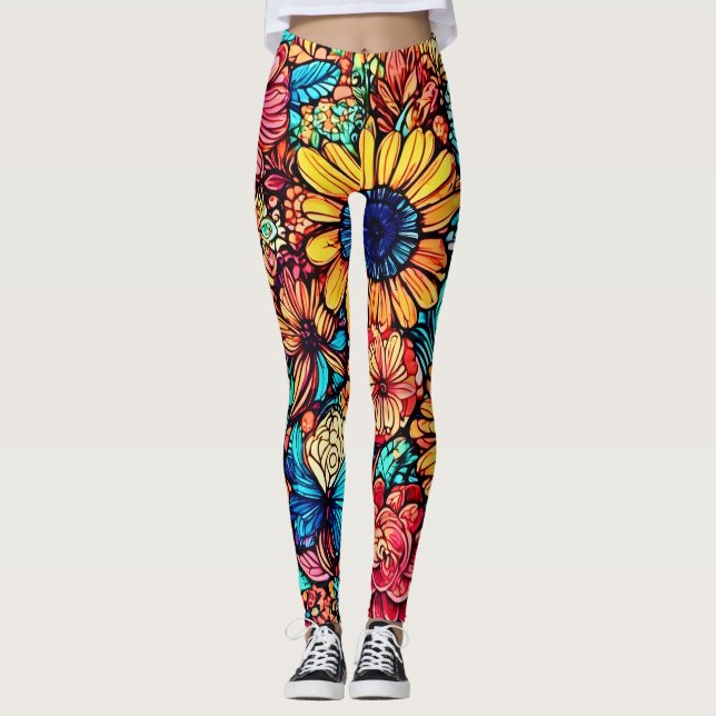 Vibrant Floral Doodle Explosion Leggings (Front)