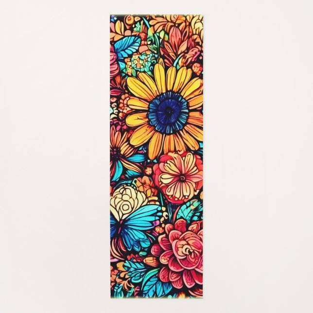 Vibrant Floral Doodle Explosion Yoga Mat (Front)