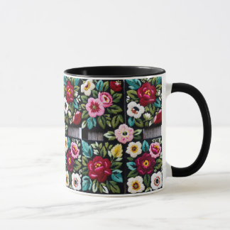 Vibrant Floral Embroidery Quartet on Black Mug