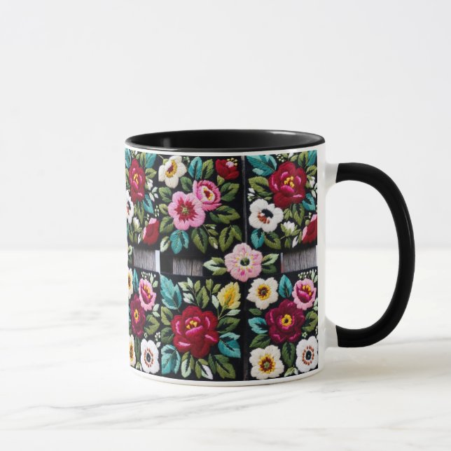 Vibrant Floral Embroidery Quartet on Black Mug (Right)
