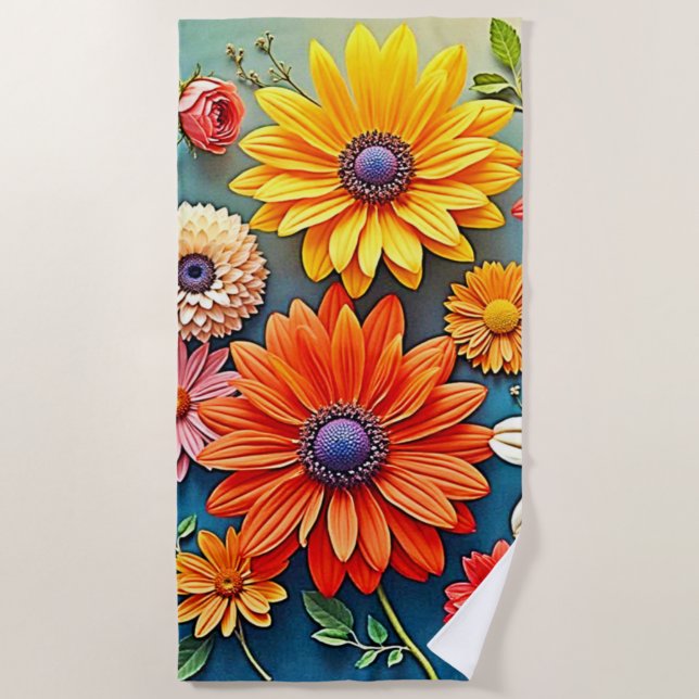 Vibrant Floral Fantasy Design Beach Towel (Front)
