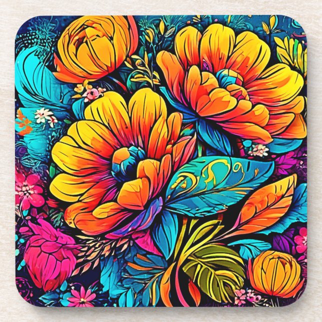 Vibrant Floral Fantasy in Bold Colours Coaster (Front)
