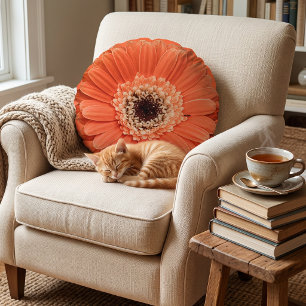 Vibrant Floral Flower - Orange Gerbera Daisy Round Cushion