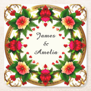 Vibrant Floral Frame Design Square Paper Coaster