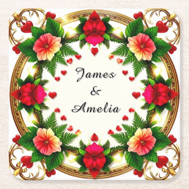 Vibrant Floral Frame Design Square Paper Coaster (Front)