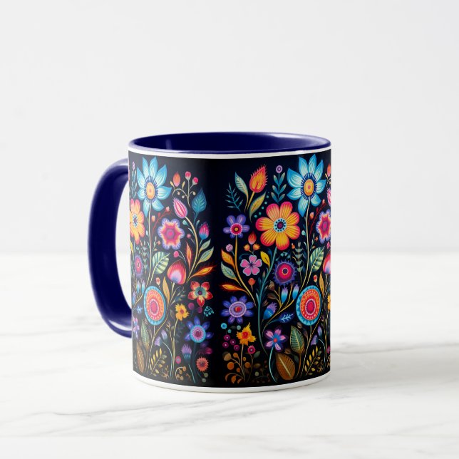 Vibrant Floral Garden Black Ceramic Combo Mug (Front Left)