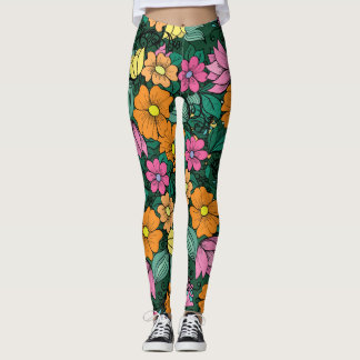 Vibrant Floral: Green Background Vintage. Leggings