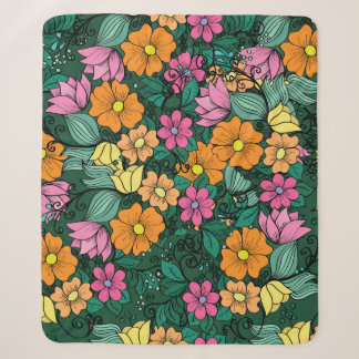 Vibrant Floral: Green Background Vintage. Sherpa Blanket