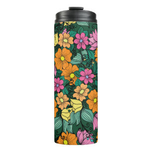Vibrant Floral: Green Background Vintage. Thermal Tumbler