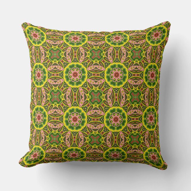 Vibrant Floral Green Red Ornate Pattern Design Cushion (Front)