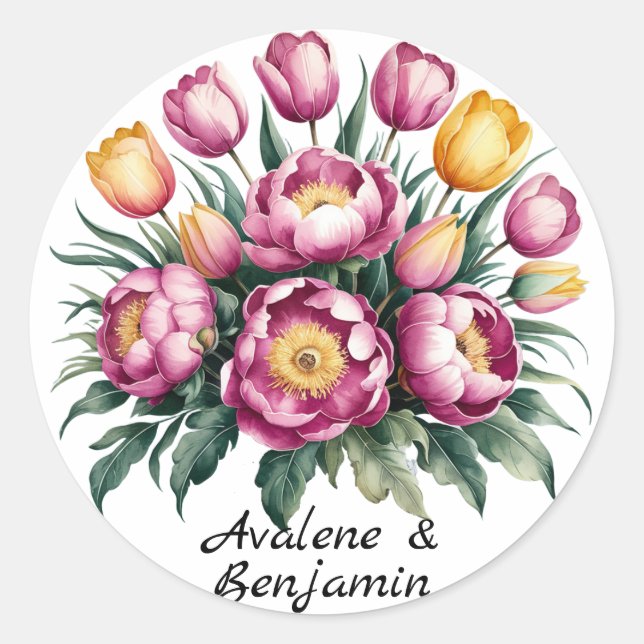 Vibrant Floral Harmony Wedding Classic Round Sticker (Front)