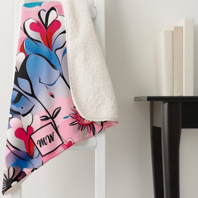 Vibrant, floral hearts, and flowers monogram sherpa blanket (Creator Uploaded)
