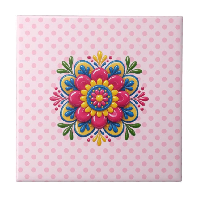 Vibrant  floral mandala ceramic tile (Front)