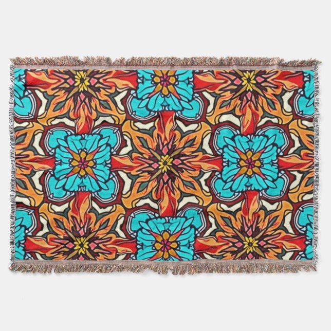 Vibrant Floral Mandala Repeat Art Throw Blanket (Front)
