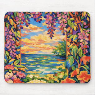 Vibrant Floral Ocean Sunset Garden – Fauve Mouse Pad