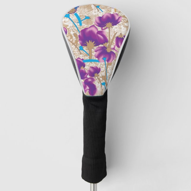 Vibrant floral pattern featuring purple and blue f golf head cover (Front)