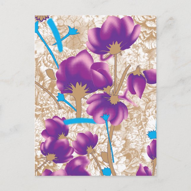 Vibrant floral pattern featuring purple and blue f holiday postcard (Front)