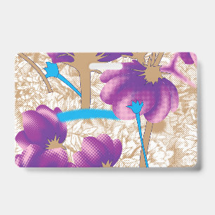 Vibrant floral pattern featuring purple and blue f ID badge